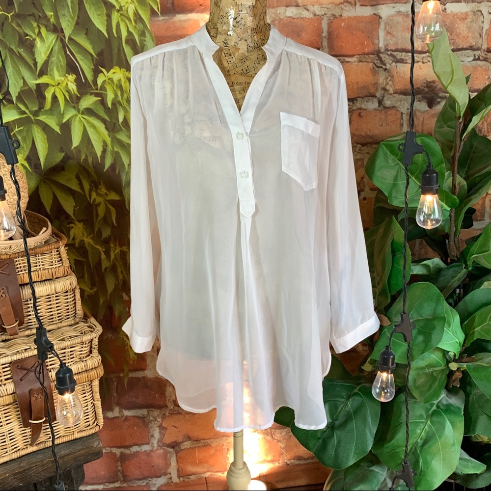 Half button up sheer top blouse career XL roll tab - Picture 2 of 12